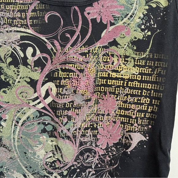 Basic Editions Black Rhinestone Graphic Tank Top Y2K Grunge Gothic-Size XL - Picture 2 of 5